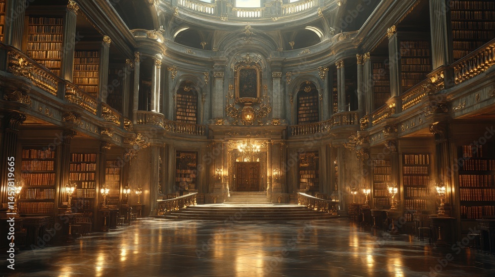 Obraz premium A mesmerizing long view down a vibrant blue library hall, filled with aged, leather-bound books.