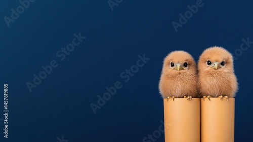 Two fluffy baby birds perched side by side on cylindrical objects against a solid dark blue background.