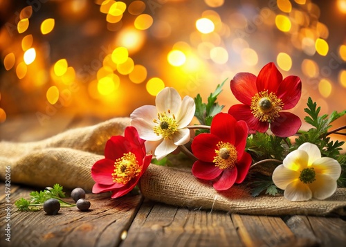 Rustic Wood Anemone Flat Lay with Fiery Bokeh | Autumn Floral Photography