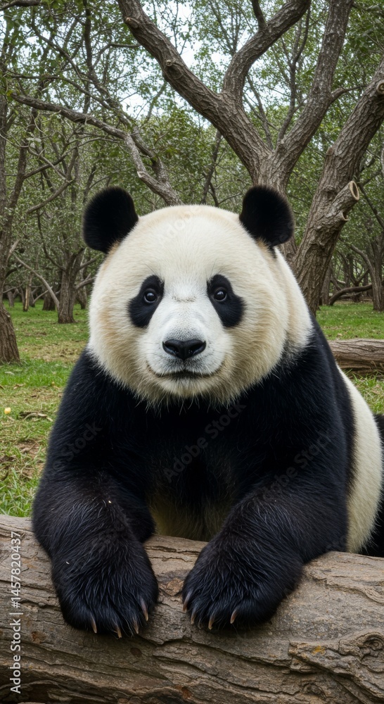 Obraz premium Giant Panda Resting on Log in Lush Green Forest