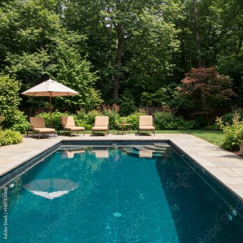 Wallpaper Mural Dark Blue Rectangular Pool in Lush Green Garden Torontodigital.ca