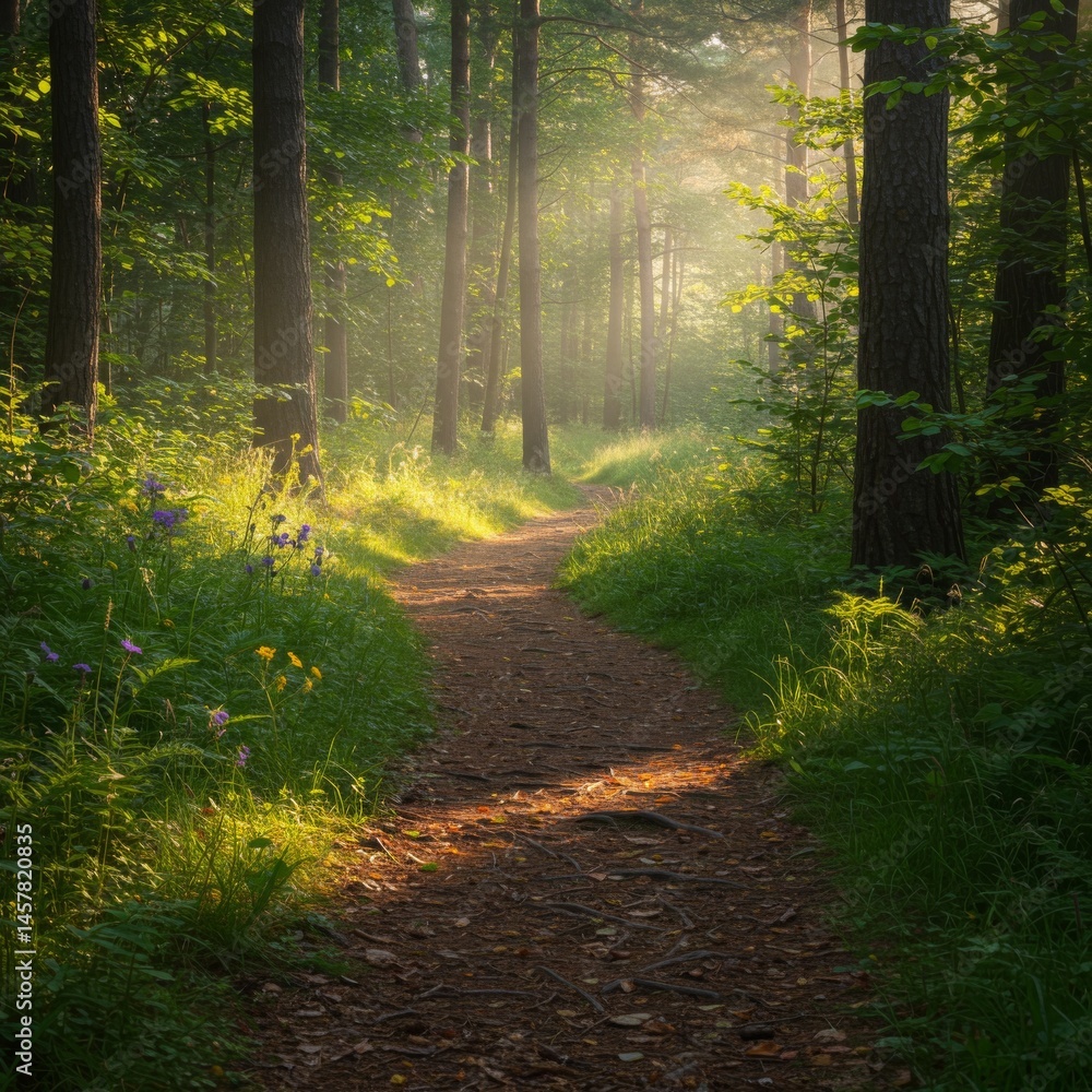 Obraz premium Sunlit Path Through a Lush Green Forest