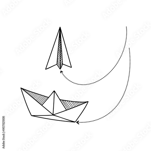 Paper airplane and paper boat soaring in an abstract design, illustrating creativity and imagination in a minimalist style