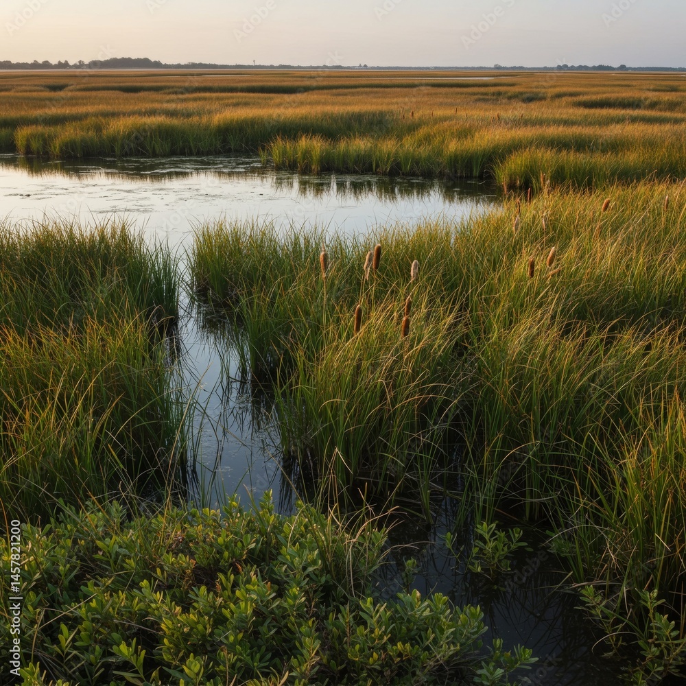Obraz premium Serene Summer Wetland Landscape with Lush Green Vegetation