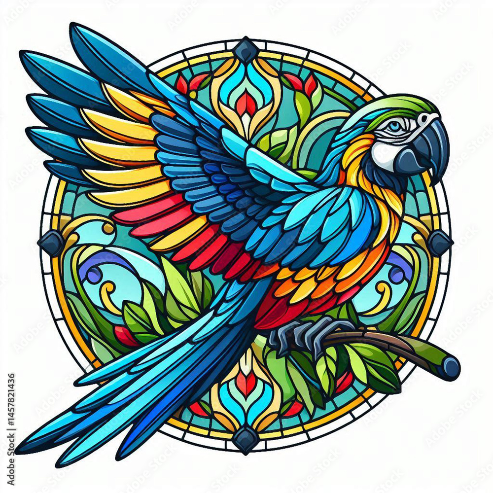 Obraz premium Vibrant stained glass parrot design in ornate circular frame.