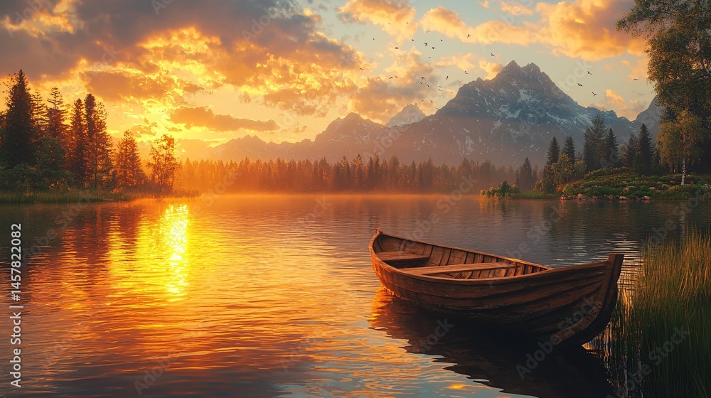Obraz premium Lonely boat under the sunset on the lake