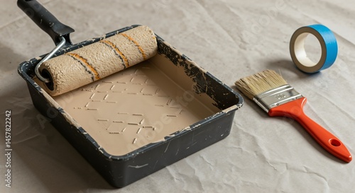 Fototapeta Naklejka Na Ścianę i Meble -  Essential tools for a home painting project, including a paint roller in a tray of beige paint, a paintbrush, and blue painter's tape, laid out on a protective drop cloth.