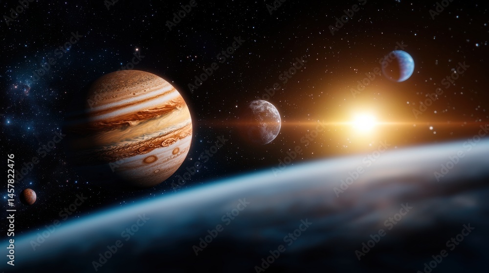 Fototapeta premium Stunning intergalactic landscape showcasing a vast array of planets moons and vibrant nebulae set against the captivating backdrop of a starry cosmos