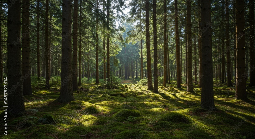 Fototapeta premium Sunlit Pine Forest with Mossy Ground