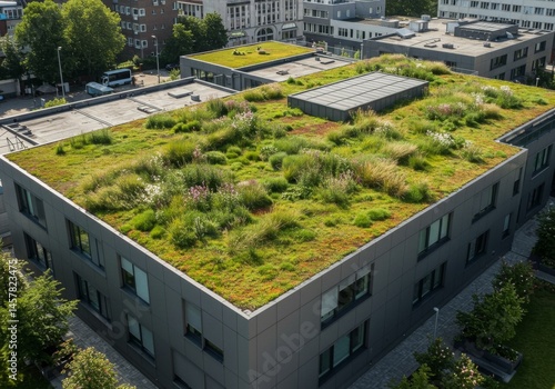 Aerial View of Green Roof on Modern Building