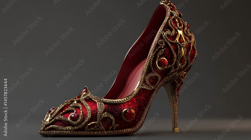 Obraz premium Ornate Red High Heel Shoe on Gray Background