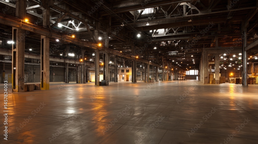Fototapeta premium Industrial warehouse with concrete floors and steel beams, showcasing raw urban aesthetics and depth.
