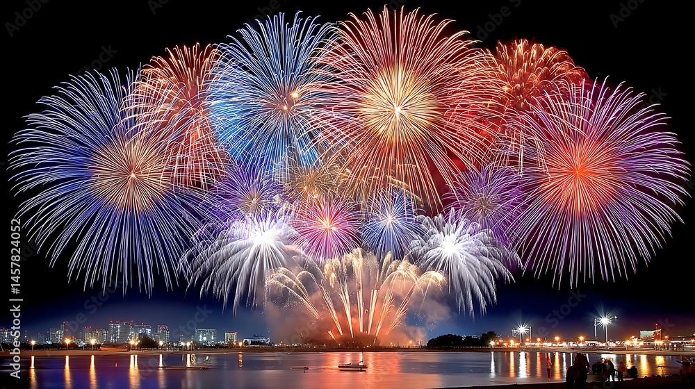 Obraz premium Colorful Fireworks Display Over Water with City Lights in Background at Night