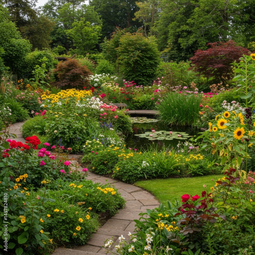 Fototapeta premium Vibrant Flower Garden with Winding Stone Path and Pond