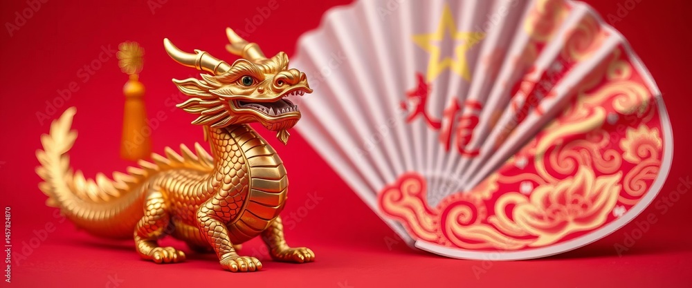 Fototapeta premium Golden dragon figurine, paper fan, Chinese flag on red background Ample copy space, space, fan