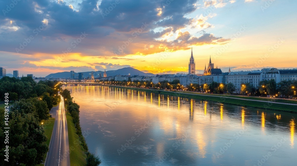 Naklejka premium Stunning aerial view of the iconic Vienna skyline at sunset with the city s historic churches towers and skyscrapers beautifully reflected in the tranquil waters of the Danube River