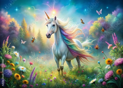 Whimsical Unicorn in Magical Meadow - Panoramic Fantasy Illustration