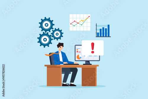 Flat illustration of office employee solving system issues with dashboard alert and data analytics in modern workplace