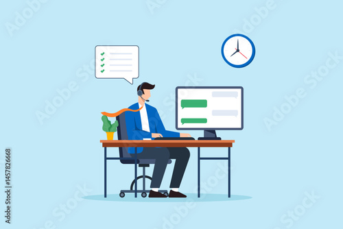 Flat illustration of consultant assisting clients with headset and chat interface at office desk in customer support service