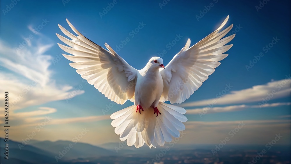 White Pigeon in Flight, Drone Aerial View, Peaceful Bird Soaring High Above White Pigeon in Flight, Drone Aerial View, Peaceful Bird Soaring High Above