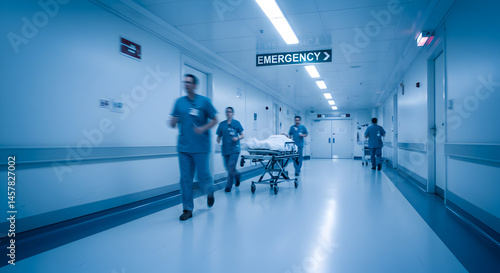 Emergency Gurney Rushed Down Long Hospital Corridor in Cool Blue Tones with Blurred Figures of Medical Staff, White Walls and Bright Lighting