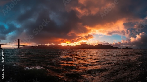 Majestic steel architecture, serene waters, dramatic horizon, engineering marvel symbolizing California travel, nature, and outdoor adventure.