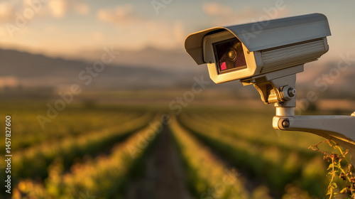 AI-powered precision farming camera overlooking fields at sunset
