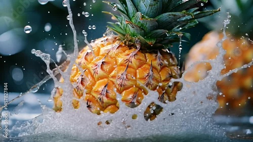 Fresh pineapple splashing in clear water droplets