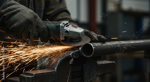 Close-up view of a worker wearing protective gloves using an angle grinder to cut a metal pipe clamped in a vise, generating a shower of bright sparks in a workshop environment.