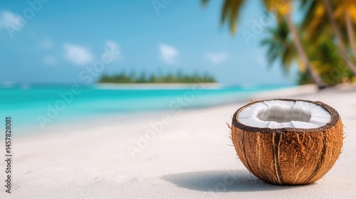 Wallpaper Mural Fresh Coconut on Sandy Beach with Tropical Island and Palm Trees Torontodigital.ca