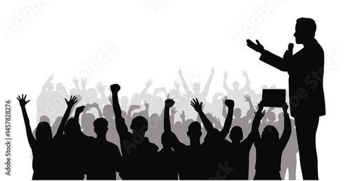 Seeking support, running for office, presidential candidate backed by the people, the speaker is addressing the crowd 