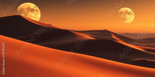 Giant sand dunes cast long shadows under a colossal moon, futuristic structures barely visible in the distance,  scale,   contrast