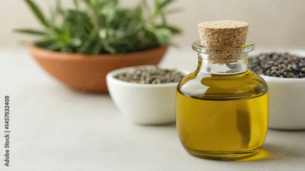 Olive Oil Bottle with Herbs and Spices on Minimalist Background Olive Oil Bottle with Herbs and Spices on Minimalist Background
