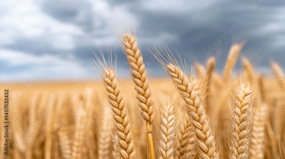 Fototapeta premium Golden Wheat Field Under Dramatic Cloudy Sky in Rural Landscape