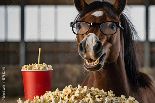 A horse in glasses munches popcorn smiling directly at the camera