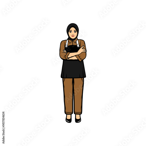 muslim barista standing with her arms crossed vector illustration