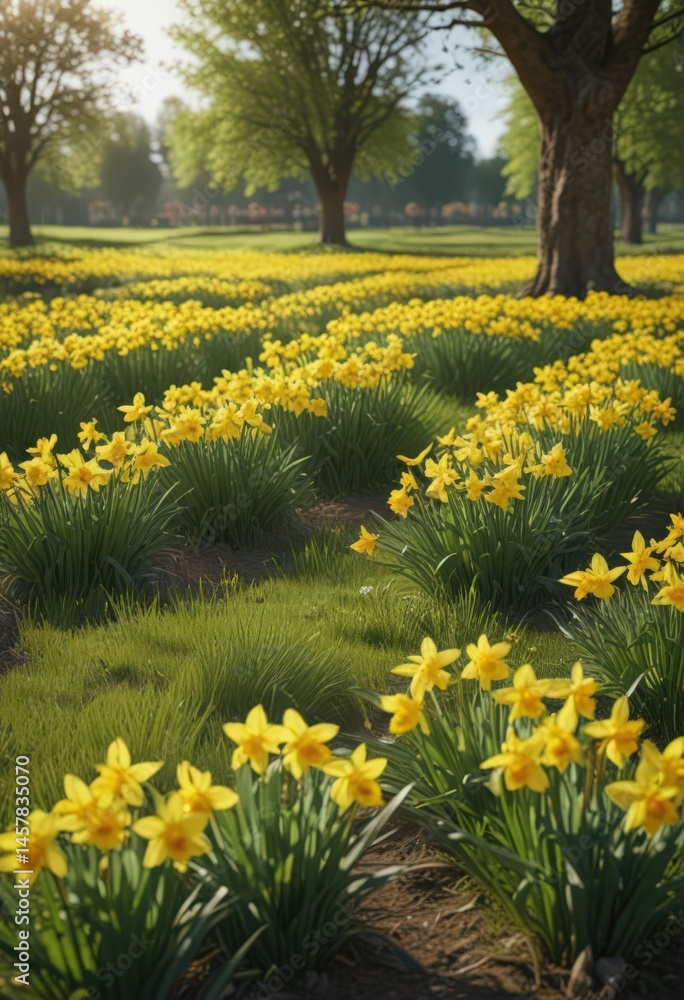 Obraz premium Sunlit daffodil field, vibrant yellow blooms, lush green grass, flowers, closeup, wild