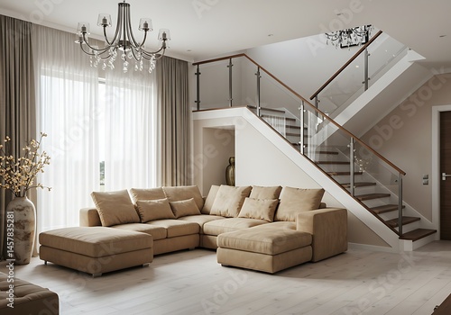 A living room with a large sectional sofa and staircase with glass railing and chandelier above sofa
