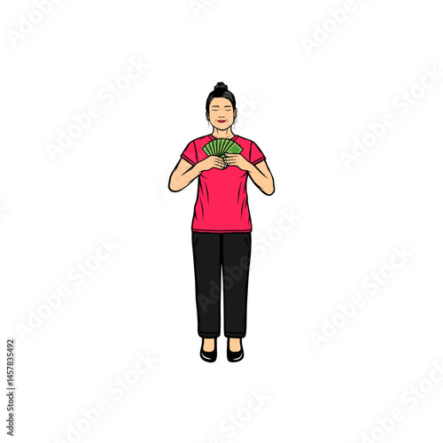 woman standing holding money against her chest vector illustration
