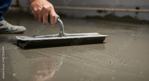 Detailed shot of a construction worker's hand holding a metal trowel, expertly smoothing the surface of freshly poured wet concrete on a floor during a building project.