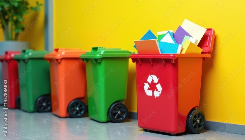 Brightly colored recycling bin overflowing with materials, full bin, overflowing Brightly colored recycling bin overflowing with materials, full bin, overflowing