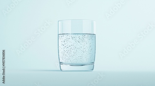 A clear glass of sparkling water with bubbles sits on a light blue background.