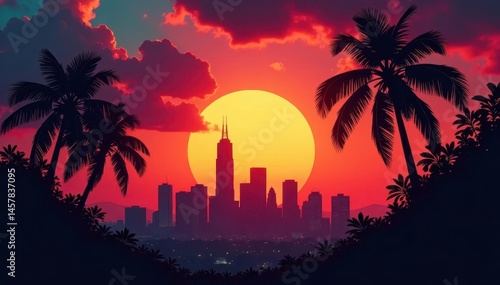 Dramatic LA sunset, silhouette of skyscrapers behind palm fronds, hollywood, sun
