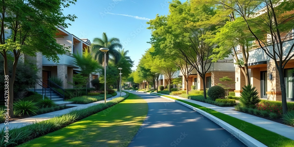 Fototapeta premium Modern eco-friendly residential avenue with ample green space, contemporary, landscaping