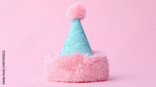 Colorful Party Hat with Fur Trim on Soft Pink Background