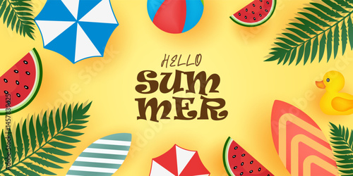 Hello Summer poster, card, banner, cover, flayer set background, with inflatable swimming pool, coconut trees, pile of sand, beach umbrella, colorful banner design, cloud and sky on yellow backdrop