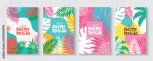 Hello Summer poster, card, banner, cover, flayer set background, with inflatable swimming pool, coconut trees, pile of sand, beach umbrella, colorful banner design, cloud and sky on yellow backdrop