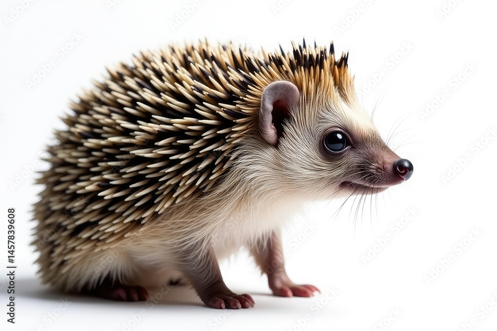 Close-up of a hedgehog, facing right, on white, white, alone Close-up of a hedgehog, facing right, on white, white, alone