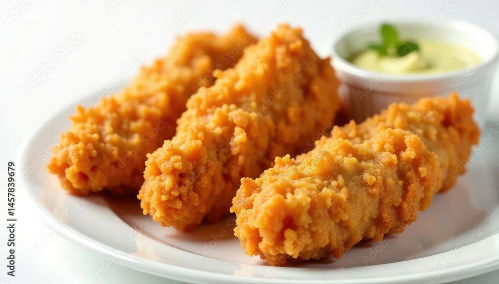 Close-up of crispy fried chicken strips on white , snack, lunch Close-up of crispy fried chicken strips on white , snack, lunch
