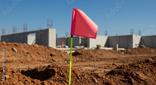 A bright pink survey flag marks a spot in the foreground of a construction site with concrete foundation walls and rebar under a clear blue sky.